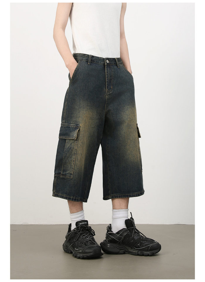 Quần short jean nam ống rộng nhiều túi phong cách hip-hop đường phố, quần lửng mùa hè — Màu xanh lam, Xanh lam làm cũ, Xanh lam nhạt chi tiết 12