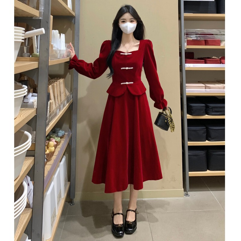 New Chinese French High-End Velvet Dress for Women in Autumn and Winter Plus Size Fat mm Waist Slimming Look Red Toast Dress New Chinese French High-End Velvet Dress for Women in Autumn and Winter Plus Size Fat mm Waist Slimming Look Red Toast Dress