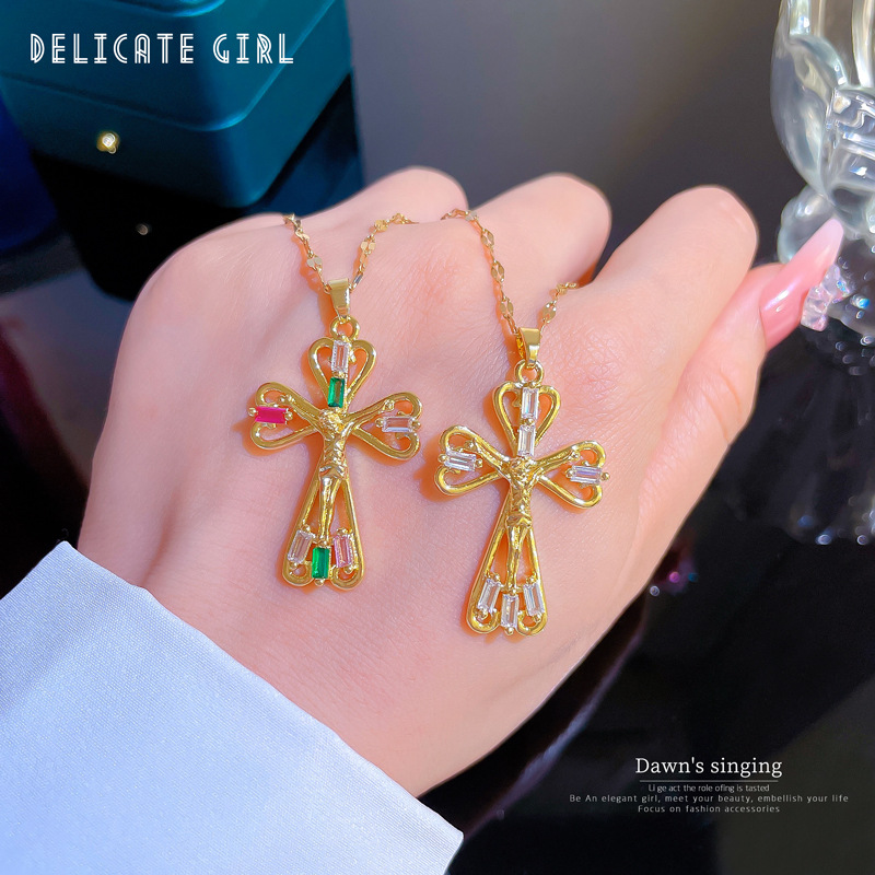 Ethnic Style Cross Stainless Steel Inlay Artificial Gemstones Necklace 1 Piece