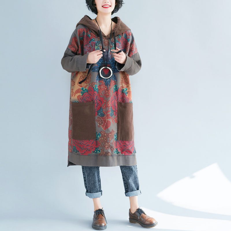 Comercio exterior europeo y americano Amazon más tamaño mujeres con capucha Mediados de longitud suéter estilo étnico impreso vestido apenado Retro