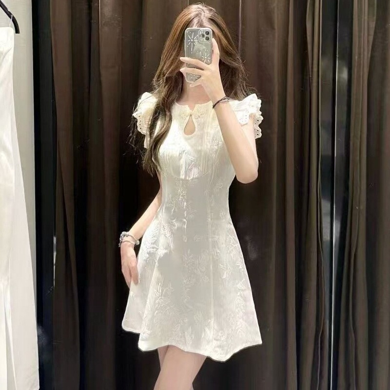 Summer Solid Color Chinese Style Lace Button Jacquard Dress for Petite Women, Waist-Cinching Modified Cheongsam A-Line Short Skirt Summer Solid Color Chinese Style Lace Button Jacquard Dress for Petite Women, Waist-Cinching Modified Cheongsam A-Line Short Skirt
