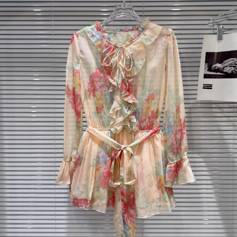 2025 Summer New Design Holiday Style Drawstring Tie Floral Pattern Lightweight Breathable Chiffon Dress