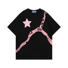 唐沐潮人2024夏季新款美式创意拼接个性裂痕星星图案休闲男女T恤
