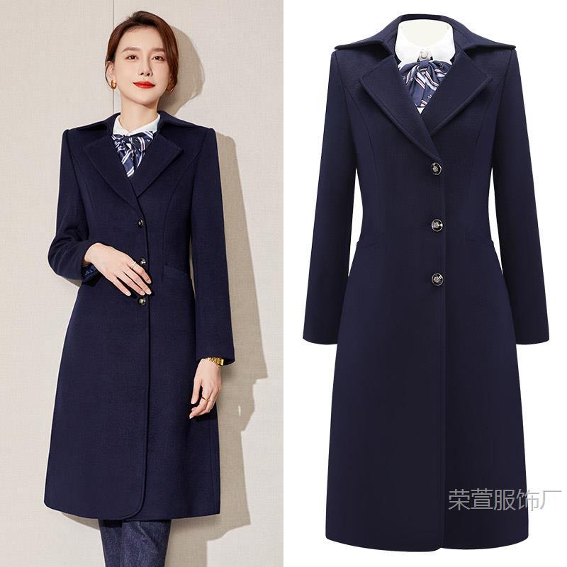 Professional Woolen Outwear for Women in Autumn and Winter Navy Blue Cotton Thickeneded Mid-Length Woolen Outwear Bank Front Desk Work Clothes
