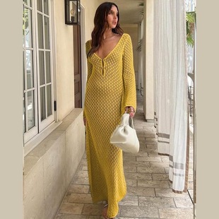 European and American Summer New Beach Skirt Women's Solid Color Sexy Knitted Hollow Beach Bikini Swimsuit Cover-Up