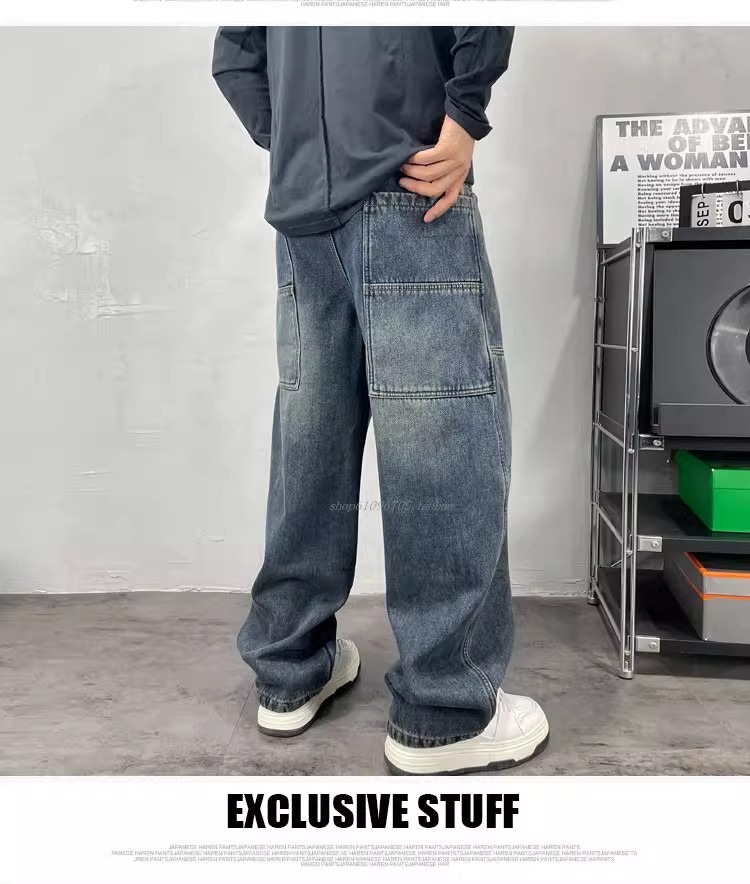 Men's High-Waisted Color-Block Jeans Blue & Black Loose Wide-Leg Straight Pants Hip Hop Style European American Trendy Brand_mkmklike.com