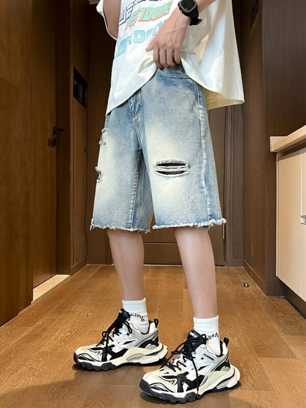 Ripped Denim shorts men's summer design sense niche loose wide leg shorts American retro vibe pants