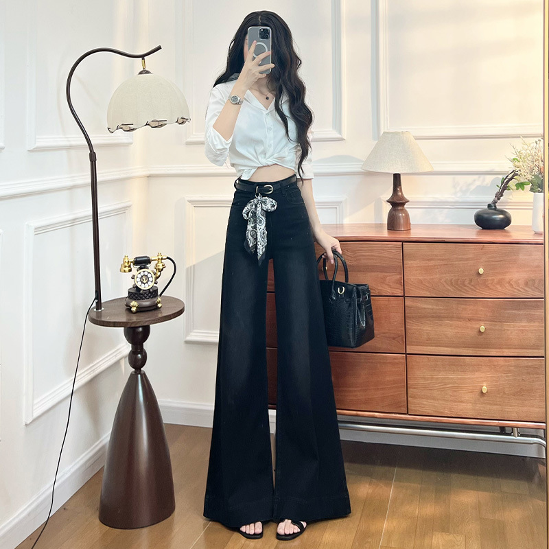 High-End Black Wide-Leg Jeans for Women 2025 Autumn and Winter New Slimming Look Hip-Covering Fashionable Elastic Loose Flared Straight Pants