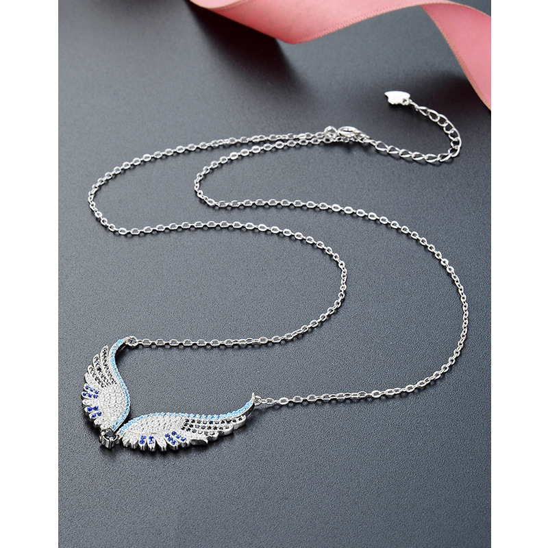 Estilo japonés y coreano elegante luz de lujo colgante de cadena S925 plata esterlina diamante-incrustado ZIRCON alas de Ángel clavícula collar de cadena para las mujeres
