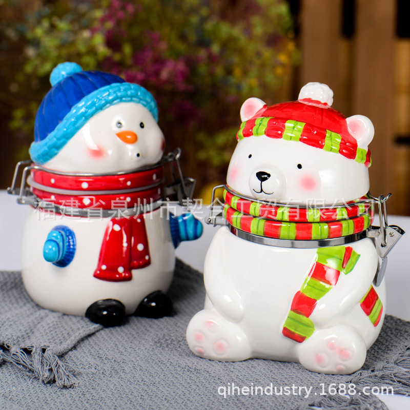 Caricatura de cerámica pintada a mano dulces galletas de Navidad almacenamiento de latas de sellado de cocina comercio exterior