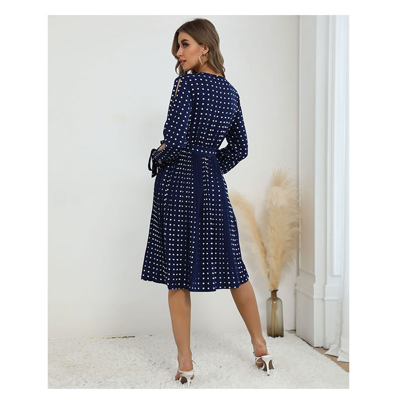 v-neck long-sleeved hollow lace-up polka-dot dress nihaostyles wholesale clothing NSDMB89401