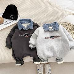 韓版嬰兒衣服冬男女童卡通牛仔領加厚爬服新生兒連體衣秋0153A011