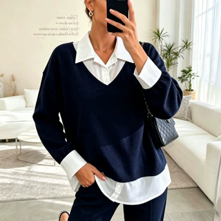 亚马逊热卖蓝白假两件上衣 翻领 V 领撞色拼接长袖衬衫女装现货