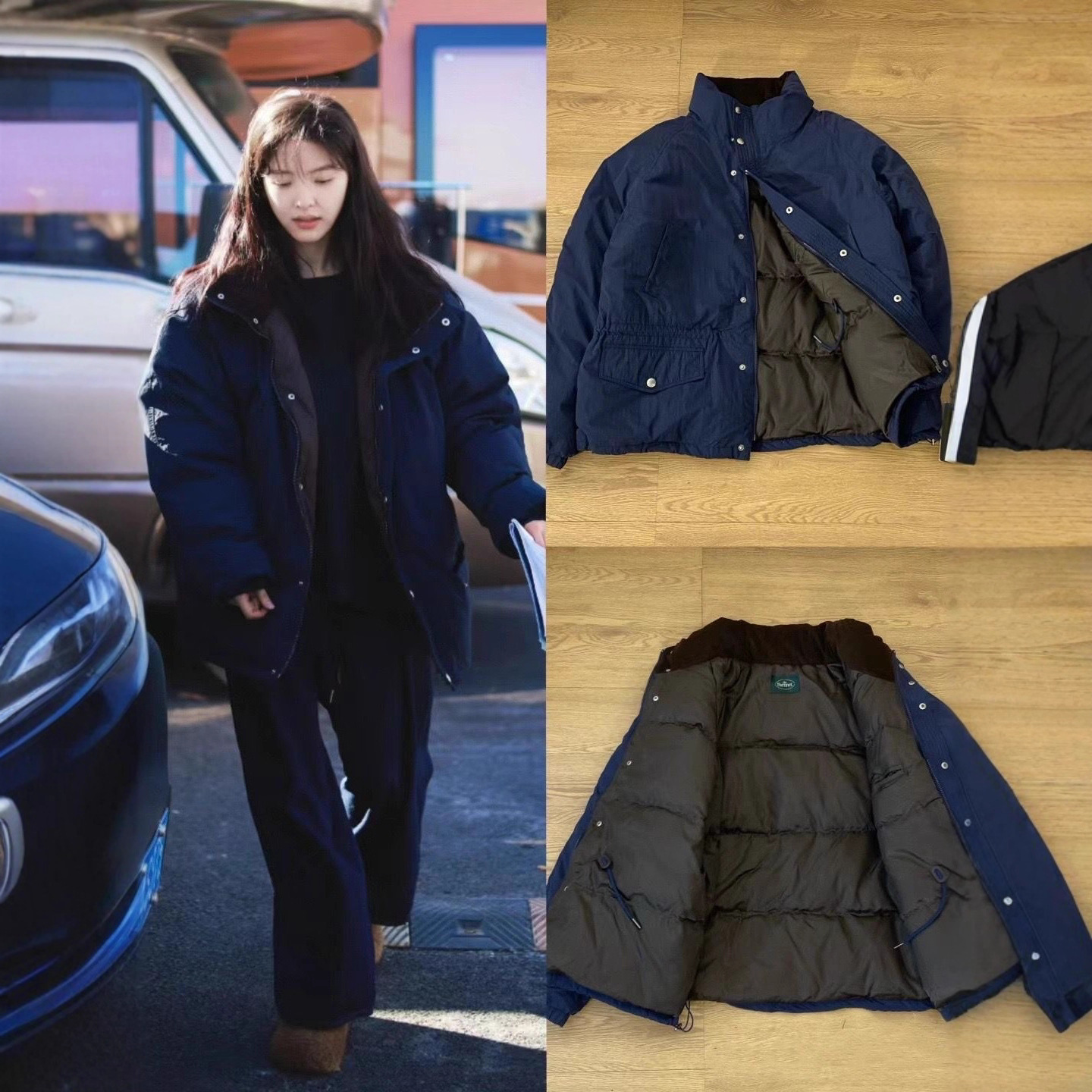 In-Stock Korean Thebarnnet Eight-Pack down Jacket for Women, Navy Blue Stand Collar, White Duck Down, Zhang Ruonan Same Style Coat