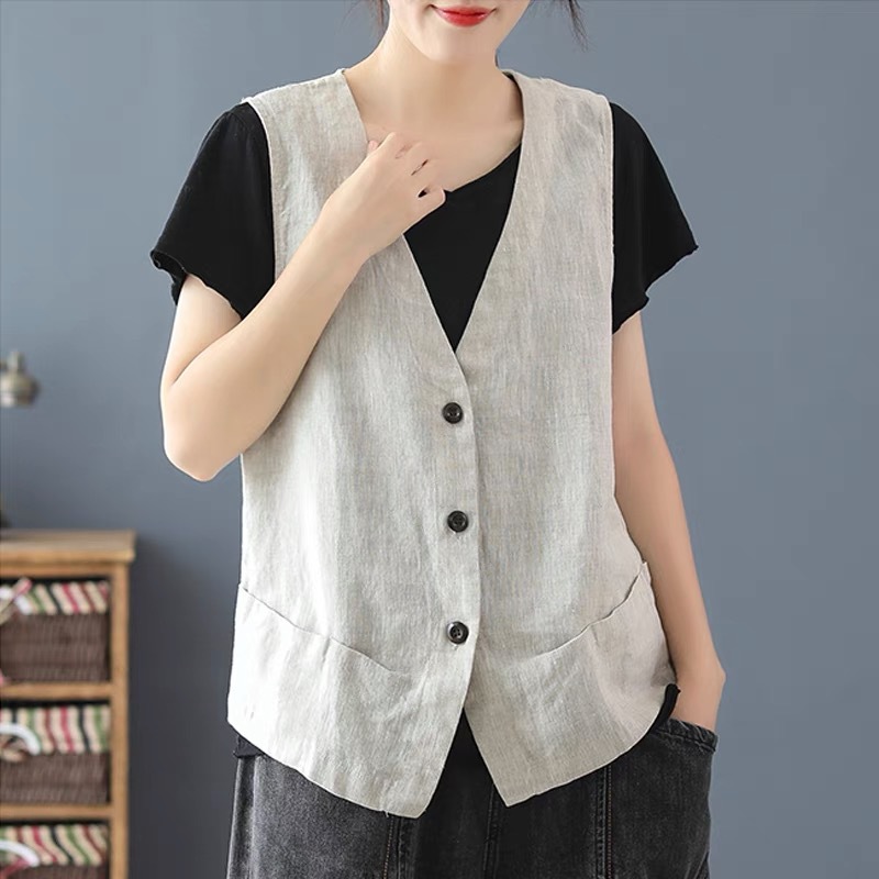 Chaleco de algodón y lino, chaqueta pequeña, verano para mujer 2025, nuevo estilo, chaleco fino, chaleco informal suelto y delgado