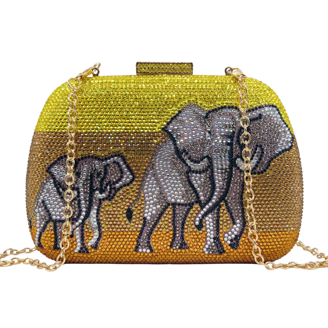 Túi clutch nữ hình voi mẹ con hai mặt đính đá, tay cầm khoan — màu vàng chi tiết 2