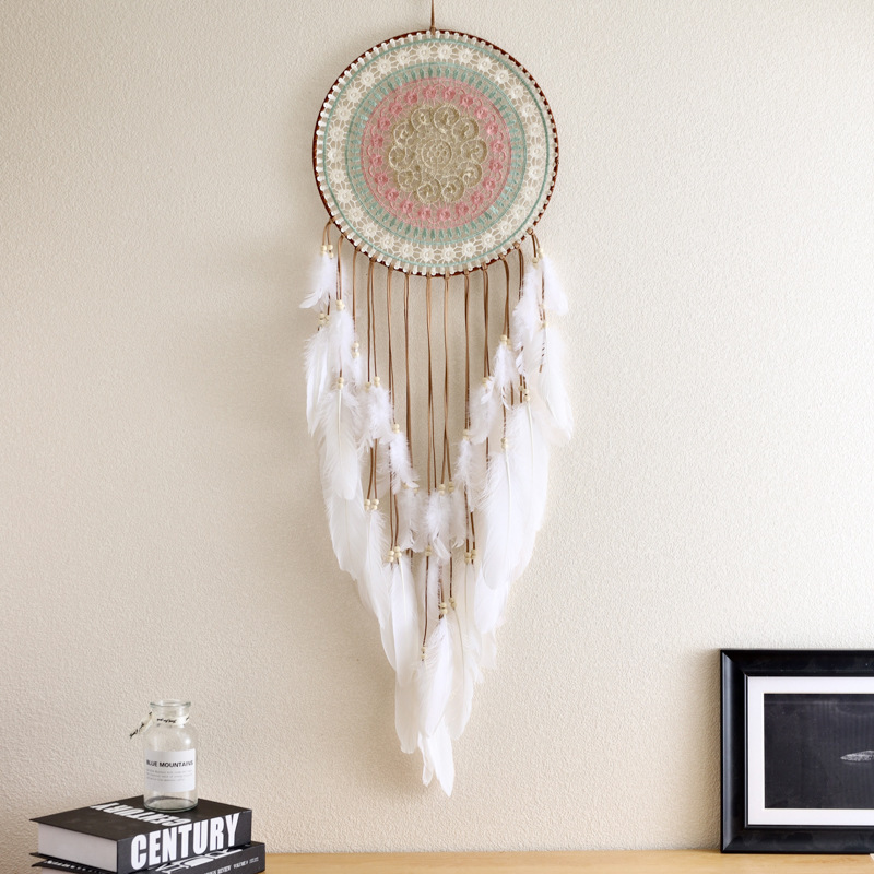 Color woven round dream catcher feather tassel home bedroom pendant crafts pendant dream catcher spot