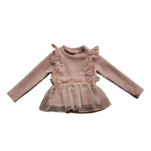 2024 Autumn and Winter Strawberry Shan Korean Children's Clothing Girls Fake Two-piece Lace Fairy Style Plush T-shirt
