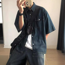港风复古牛仔衬衫夏季男款潮牌短袖衬衣青少年宽松休闲工装薄外套