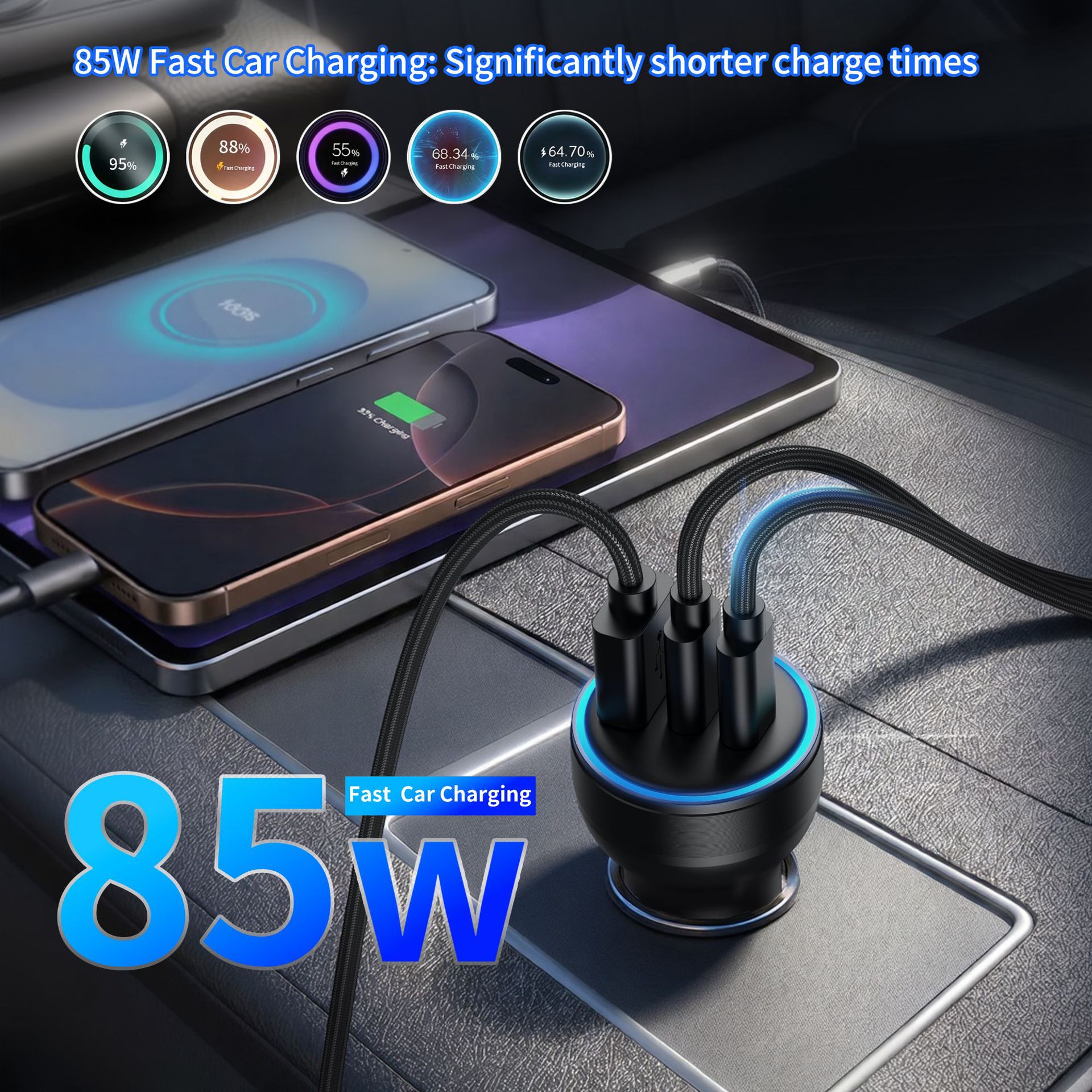 Aluminum alloy car charger 85W super fast charging, one-to-three PD30W+PD30W+USB25W multi-port car charger