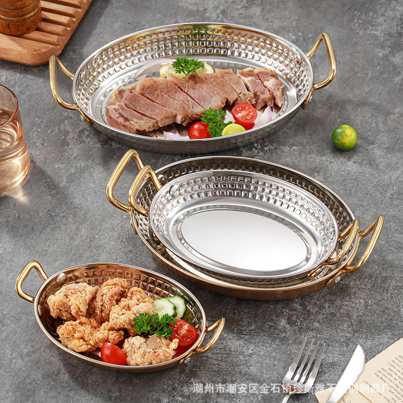 304 Stainless Steel Oval Plate Golden Pot Spanish Seafood Lobster Plate Commercial Western Food Tomahawk Steak Plate Fish Plate