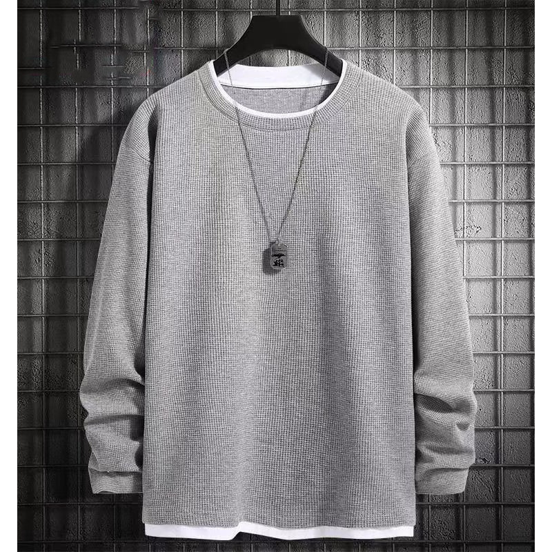 New Loose Round Neck Inner Layering Shirt Trendy Brand Men's Waffle Fake Two-Piece Long-Sleeved T-Shirt Autumn and Winter Sweatshirt