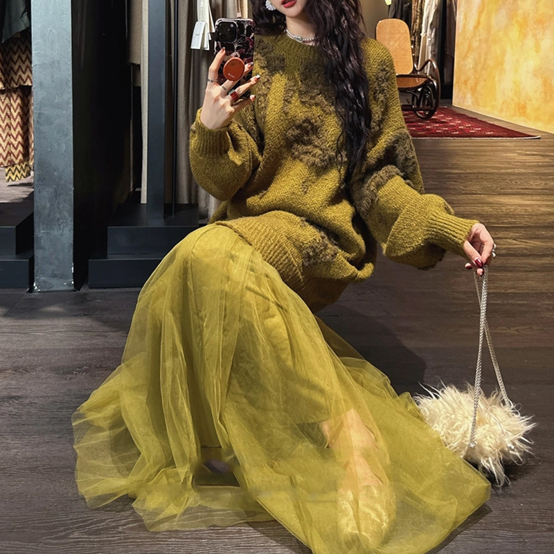 [Qinghuanxue] New Chinoiserie National Style Dress for Women 2025 Autumn and Winter New High-End Yarn Long Skirt