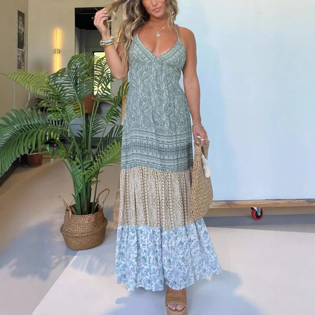 2025 European and American Women's Clothing Amazon Resort Style Loose Thin Suspender V Neck Printed Splicing Dress Long Skirt Waist