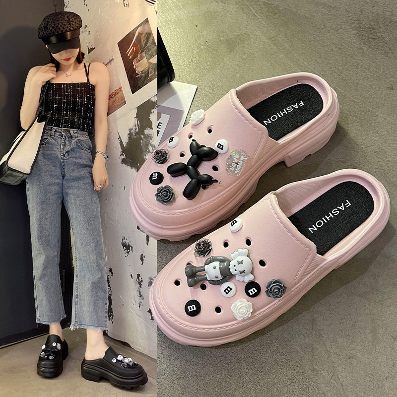 Slip-on Shoes Women's Summer Fashionable Outer Wearing Heightened Thick Bottom Breathable Two-Wearing Baotou Slippers Non-slip Beach Sandals