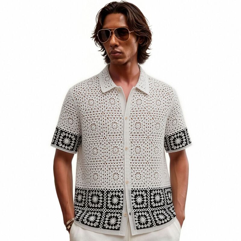 European and American Cross-Border Men's Casual Polo Shirt Black and White Checkered Color-Blocking Short-Sleeved Cardigan Knitwear Wholesale in Stock Sj0069