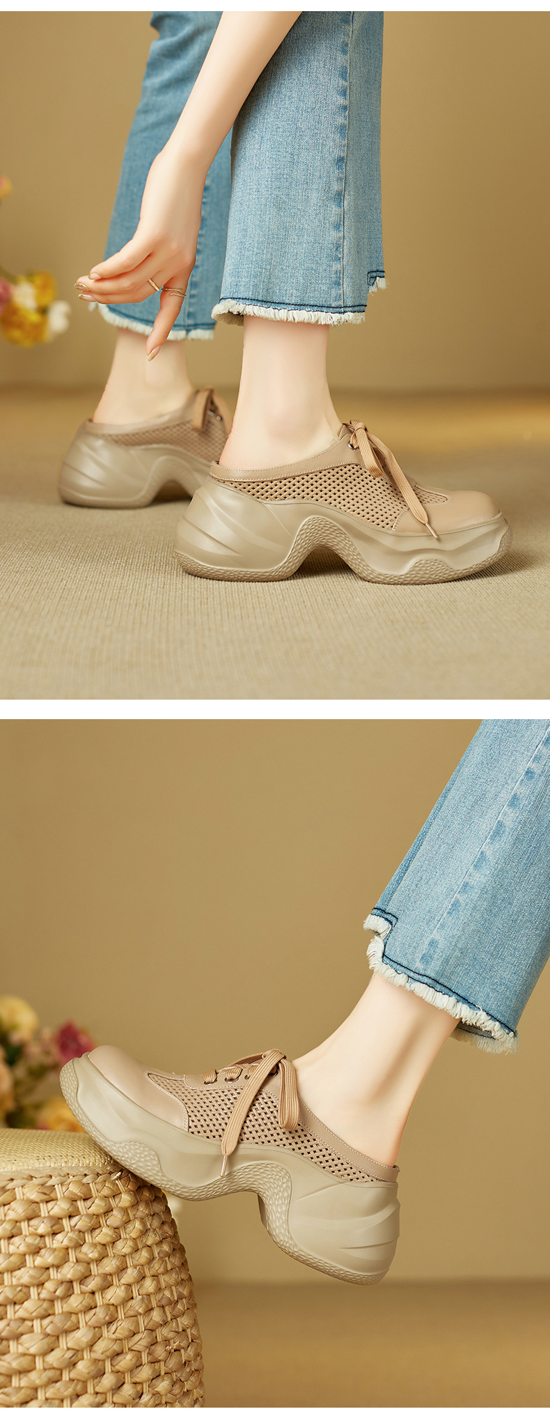 Dép sandal nữ quai chữ V đế bánh mì cao 5 cm, mũi trùm kín, phong cách casual — màu trắng ngà chi tiết 7