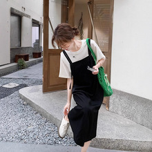 53039#黑白拼接假两件t恤连衣裙女夏季2025年新款韩版减龄背带裙