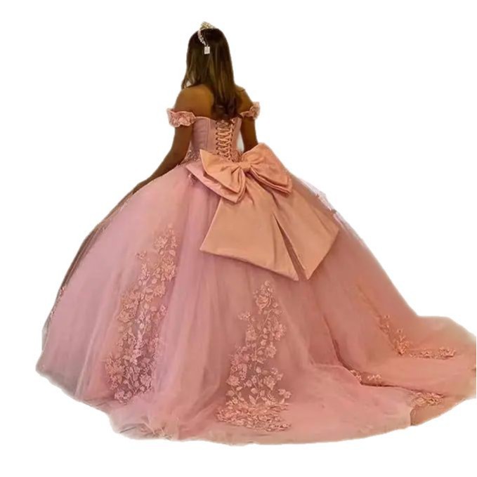 Vestido de princesa de cumpleaños vestido de novia ligero mujer rosa tirantes de un solo hombro vestido de lazo grande nuevo cola pequeña