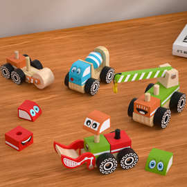 玩具儿童木制工程车木质拼装组合木头积木吊机木制车模型厂家批发