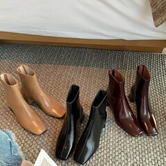 牛皮~葡萄妈同款法式方头粗高跟靴子亮面复古时装瘦瘦短靴女秋冬