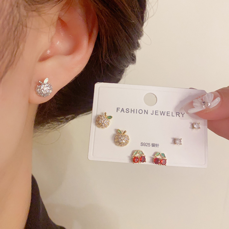 Zircon Inlay Material 1 Set Cute Cherry Apple Copper Zircon Small Stud Earrings