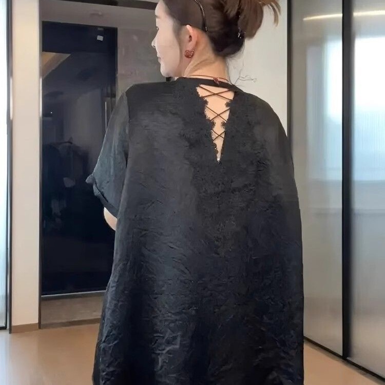 Plus-Size Women's Extra Large Size 150kg Loose Fit Black Acetate Top with Back V-Neck Lace Short-Sleeve T-Shirt for Summer