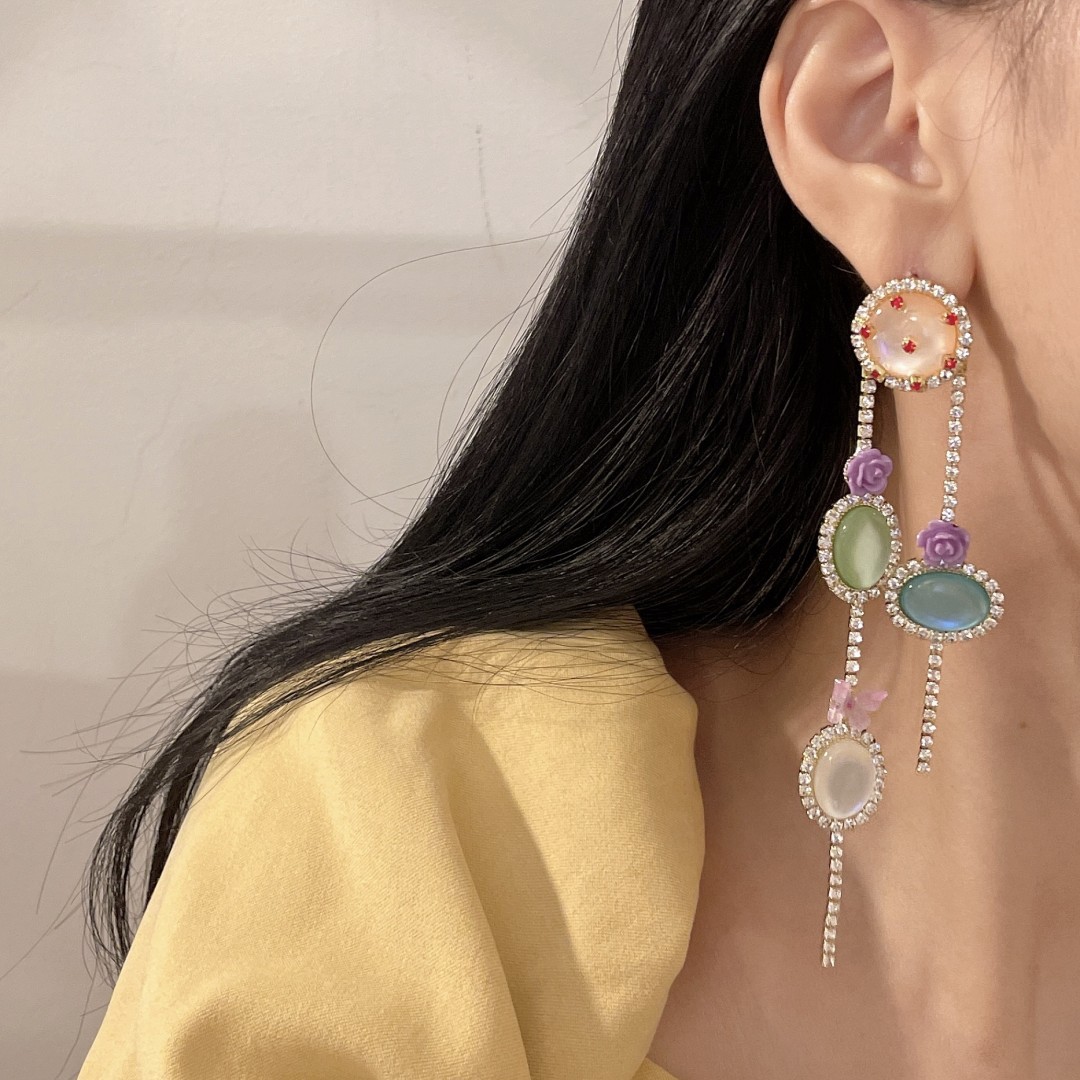 Fashion Flower Bow Knot natural stone Moonstone Inlay Rhinestones Drop Earrings 1 Pair