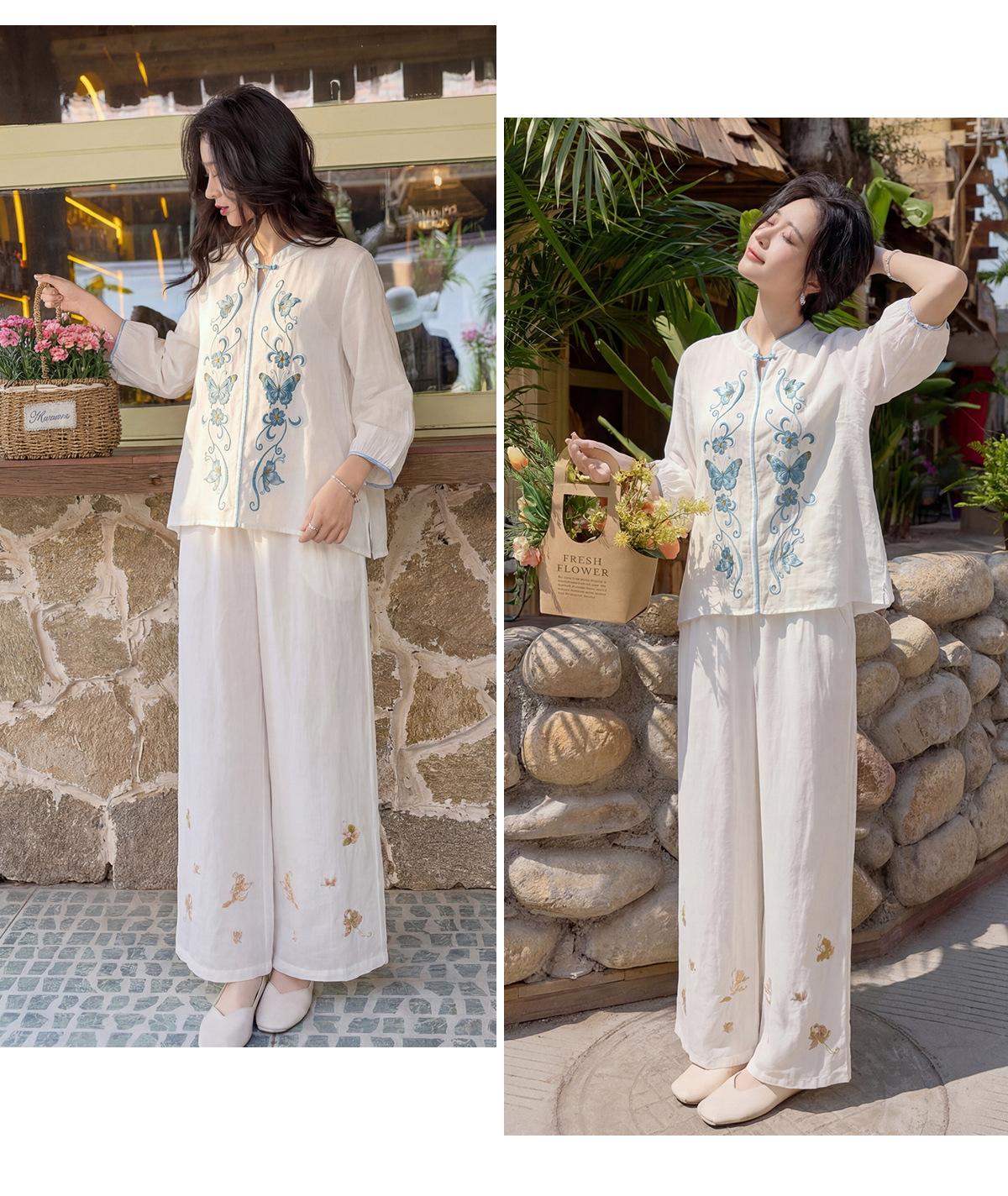 Bộ quần áo hai mảnh nữ chất liệu ramie thêu hoa, áo sơ mi phối quần ống rộng — Màu hồng, màu trắng chi tiết 24