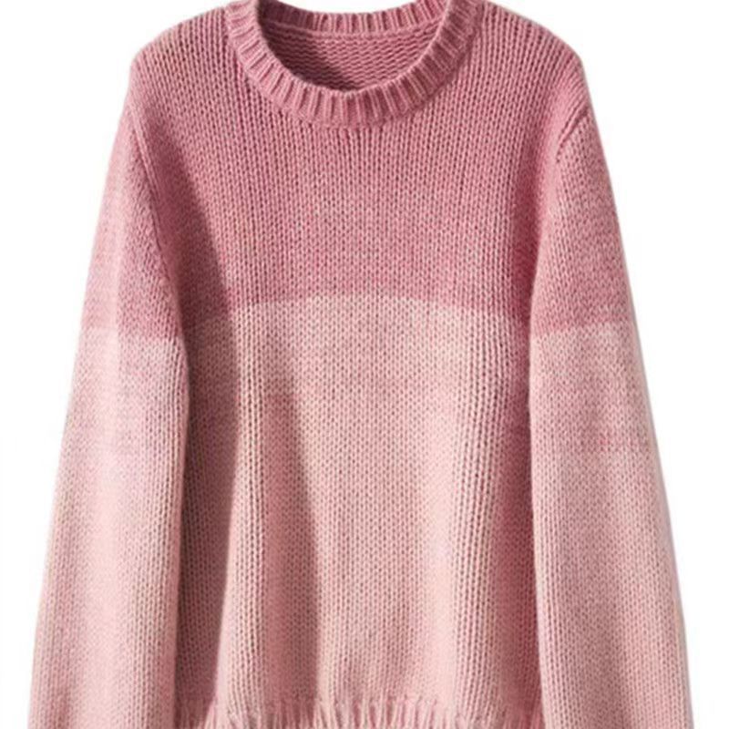 【 Cashmere Family 】 Round neck short wool base sweater women's color blocked loose plus thick knit inner layer_voghion.com