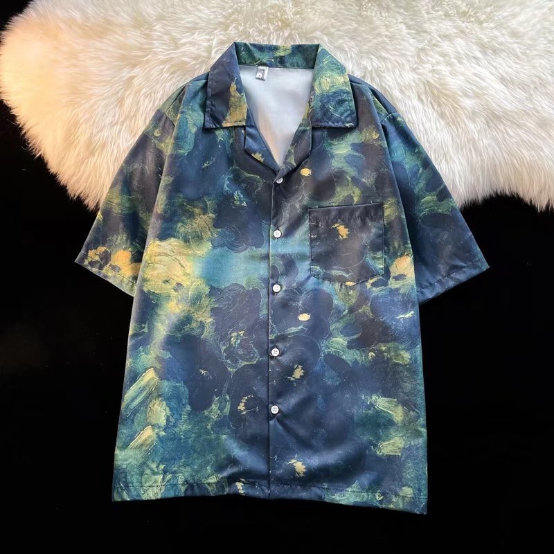 Summer Van Gogh Starry Night Oil Painting Print Short Sleeve Shirt for Men, Cuban Collar, Vintage Artistic Style, Loose Fit with Pockets Summer Van Gogh Starry Night Oil Painting Print Short Sleeve Shirt for Men, Cuban Collar, Vintage Artistic Style, Loose Fit with Pockets