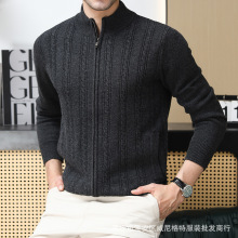 外贸高端男士纯羊绒针织衫半高领开衫冬季保暖加厚毛衣中年羊毛衫