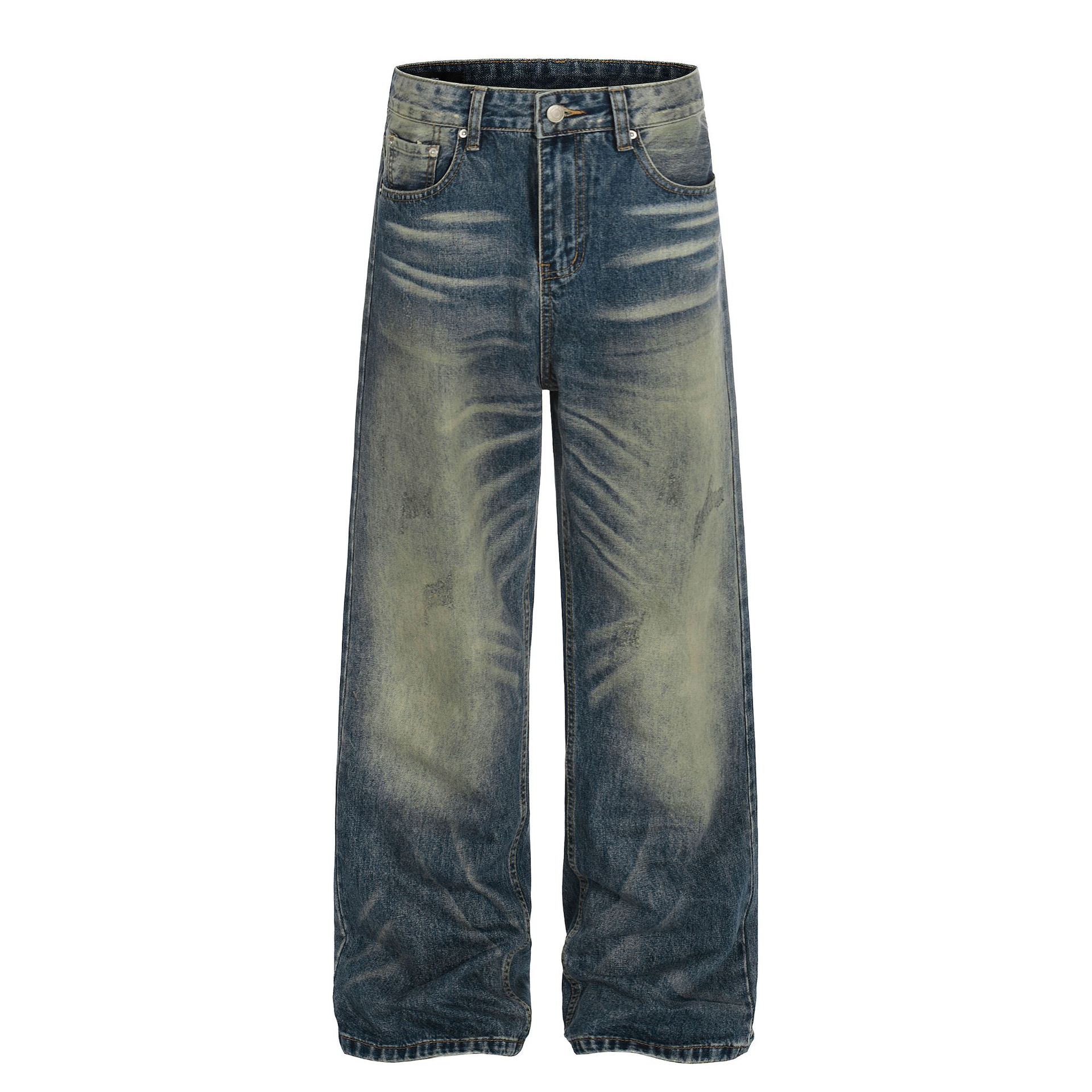 Jean en denim bleu délavé rétro de qualité supérieure, coupe ample, style urbain, pour hommes et femmes_voghion.com