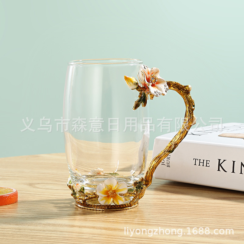 Esmalte taza de agua de color flor creativa taza de té taza de jugo taza de vidrio de cristal resistente al calor taza de café taza de pareja de gama alta regalo de la taza