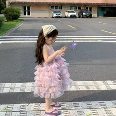 女童連衣裙2024夏季珠光炫彩夢幻粉吊帶tutu裙蛋糕公主裙彩色禮服