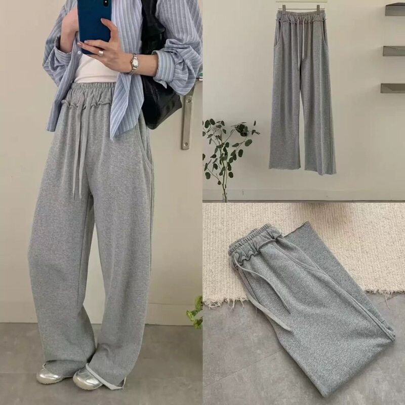 Korean Niche Designer Em*S Same Style Elastic Waist Lace Patchwork Drawstring Frayed Straight-Leg Sweatpants Casual Long Pants