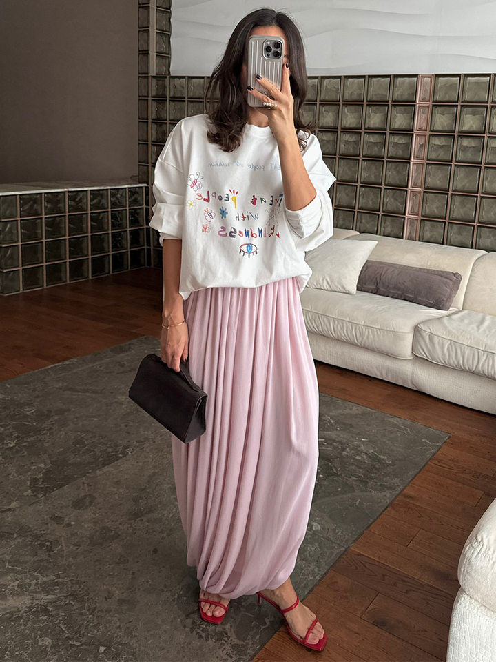 Chân váy dài xếp ly tulip xẻ tà phong cách đường phố — Trắng, màu hồng, màu xanh, màu đen