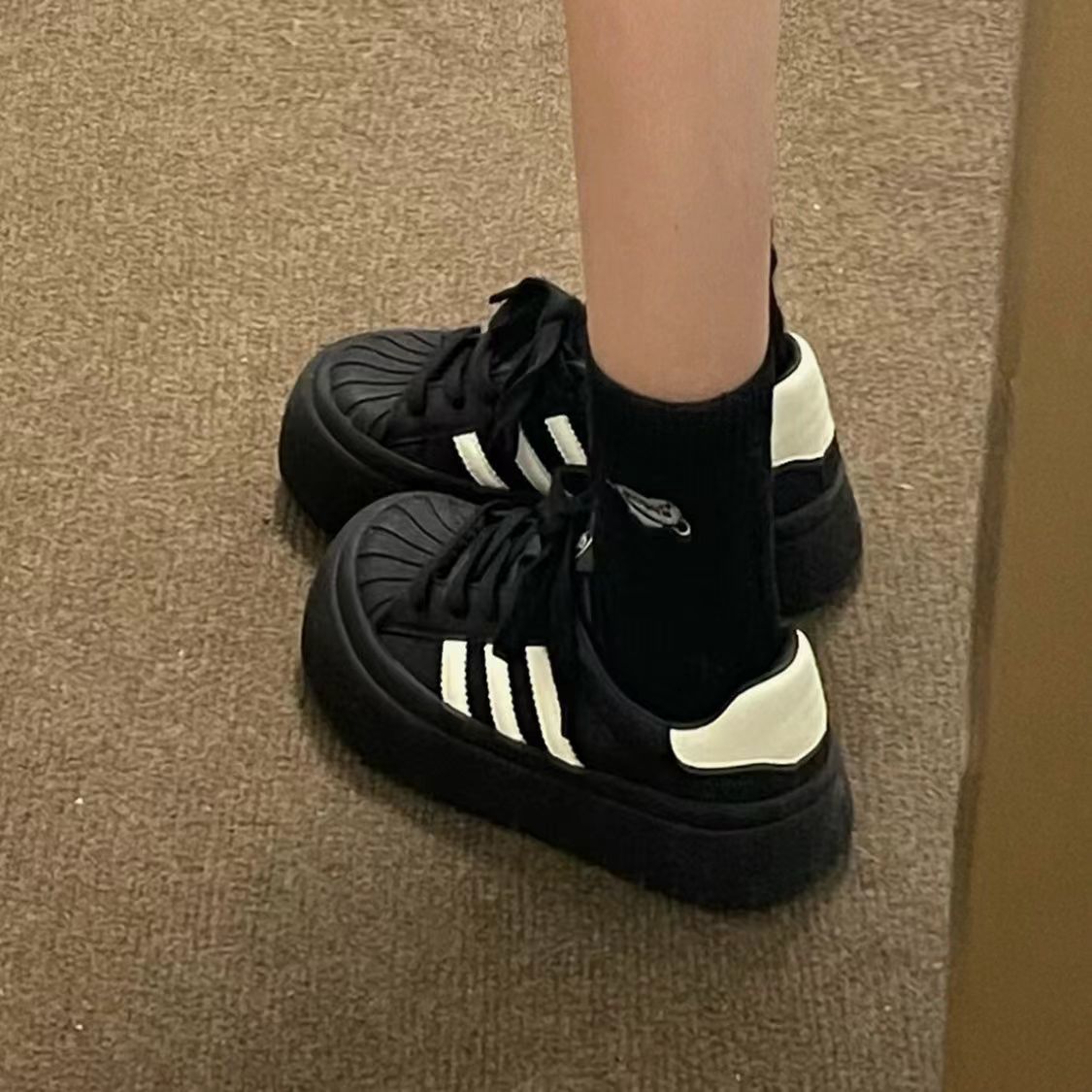 Shell Big-Headed Doll Sneakers Three-Stripes Thick-Soled Spring and Autumn Black Panda Casual Popular Platform White Shoes