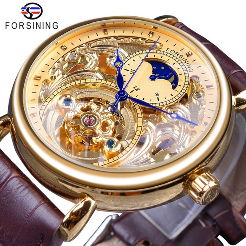Forsining hombres de moda hueco-hacia fuera transparente reloj mecánico automático reloj de los hombres reloj de la correa ocasional