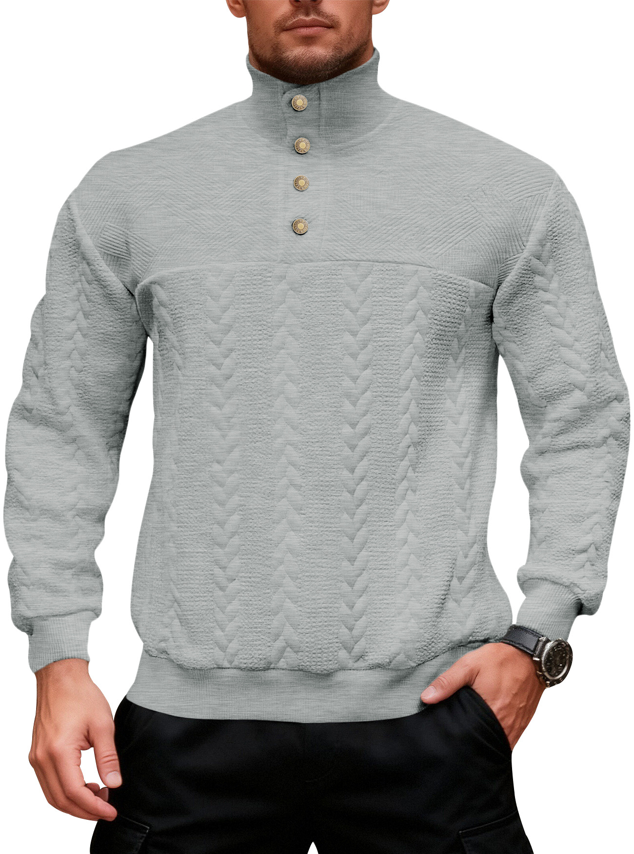 Pull en maille rétro pour homme col montant casual patchwork_voghion.com